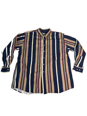 Vintage 90s Links Edition Button Down Shirt Mens XL Vertical Stripe Navy Taupe